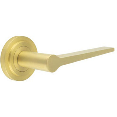 Elegant Satin Brass Door Handle on Stepped Rose for Modern and Traditional Interiors - Solid Brass Interior Handle