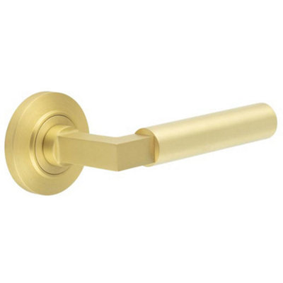Elegant Satin Brass Door Handle with Chamfered Rose Design - Solid Brass Interior Handle