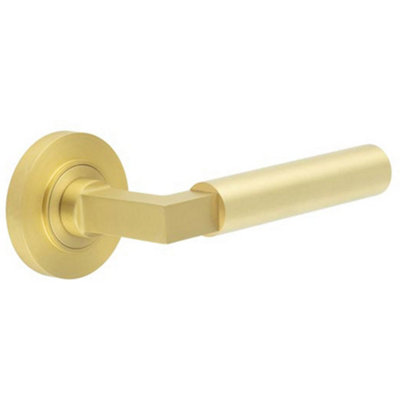 Elegant Satin Brass Door Handle with Rose Design - Solid Brass Interior Handle