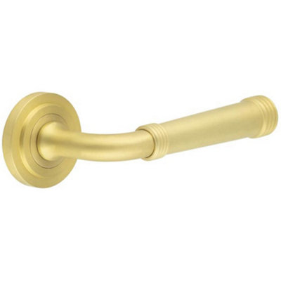 Elegant Satin Brass Door Handle with Stepped Rose Design - Solid Brass Interior Handle