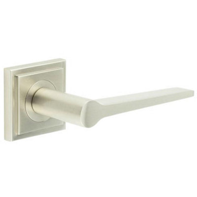 Elegant Satin Nickel Door Handle on Square Stepped Rose for Modern and Classic Interiors - Solid Brass Interior Handle