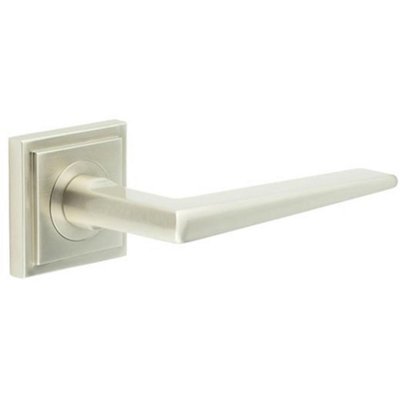 Elegant Satin Nickel Door Handle on Square Stepped Rose - Solid Brass Interior Handle