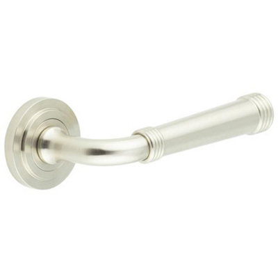 Elegant Satin Nickel Door Handle with Stepped Rose Design for Modern Interiors - Solid Brass Interior Handle