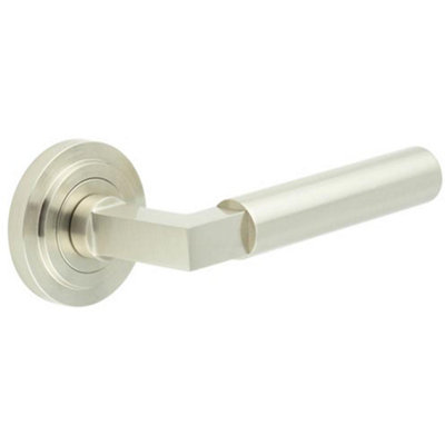 Elegant Satin Nickel Door Handle with Stepped Rose Design Solid Brass Interior Handle