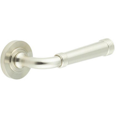 Elegant Satin Nickel Door Handle with Traditional Rose Design - Solid Brass Interior Handle