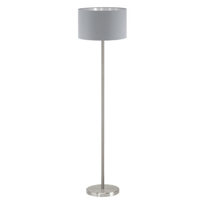 Elegant Satin Nickel Floor Lamp with Grey Silver Fabric Shade and Pedal Switch