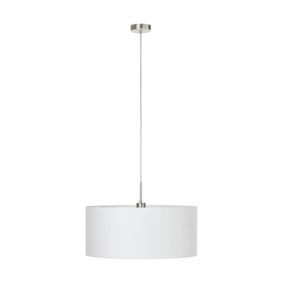 Elegant Satin Nickel Pendant Ceiling Light with White Fabric Shade and E27 Bulb