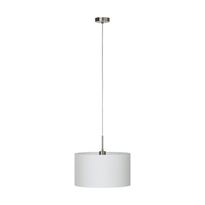 Elegant Satin Nickel Pendant Ceiling Light with White Fabric Shade - E27 Bulb Compatible