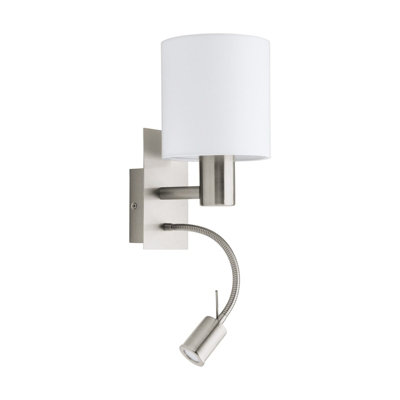 Elegant Satin Nickel Wall Light with White Fabric Shade and LED Bulb