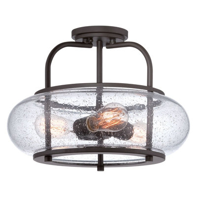 Elegant Semi Flush Light with Clear Seedy Glass Shade in Black Metal Finish