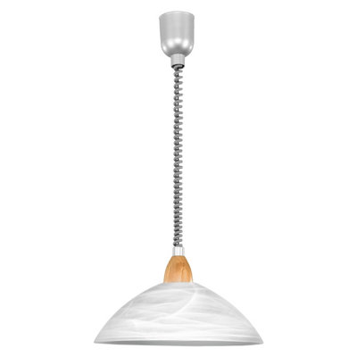 Elegant Silver Pendant Ceiling Light with Beech Wood Shade and White Alabaster Glass
