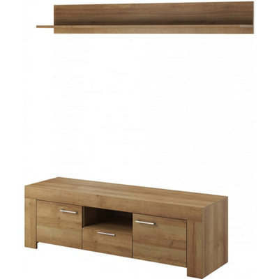 Elegant Sky TV Cabinet and Wall Shelf Set H500mm/200mm W1550mm D470mm/220mm in Riviera Oak - Complete Entertainment Solution