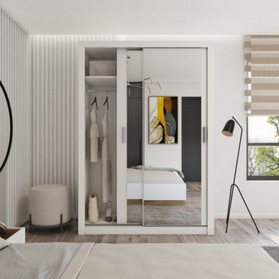Elegant Sliding Door Wardrobe with Mirrors & Organiser Shelves in White (H2150mm x W1500mm x D600mm)