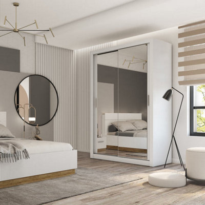 Elegant Sliding Door Wardrobe with Mirrors & Organiser Shelves in White (H2150mm x W1500mm x D600mm)