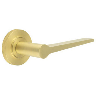 Elegant Solid Brass Door Handle on Knurled Rose - Satin Finish - Solid Brass Interior Handle