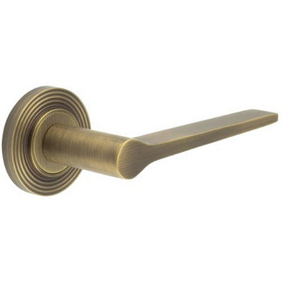 Elegant Solid Brass Door Handle on Reeded Rose in Antique Finish - Solid Brass Interior Handle