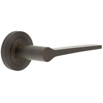 Elegant Solid Brass Door Handle on Reeded Rose in Dark Bronze Finish - Solid Brass Interior Handle