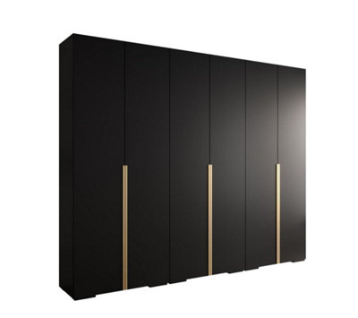 Elegant Spacious Inova II Hinged Door Black Wardrobe W3000mm H2370mm D470mm - Stylish Storage Solution with Gold Round Handles