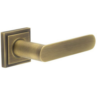 Elegant Square Stepped Rose Door Handle in Antique Brass Finish - Solid Brass Interior Handle