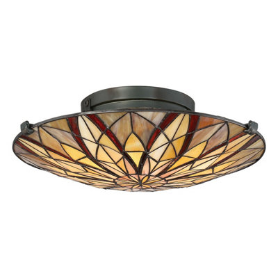 Elegant Tiffany Style Semi Flush Light with Coloured Glass and Valiant Bronze Finish