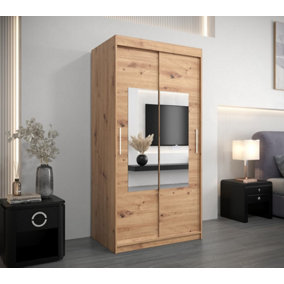 Elegant Torino Mirrored Sliding Door Wardrobe (H)2000mm  (W)1000mm (D)620mm with Ample Storage - Oak Artisan