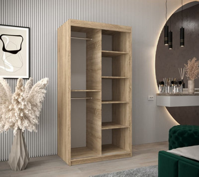 Elegant Torino Mirrored Sliding Door Wardrobe (H)2000mm  (W)1000mm (D)620mm with Ample Storage- Oak Sonoma