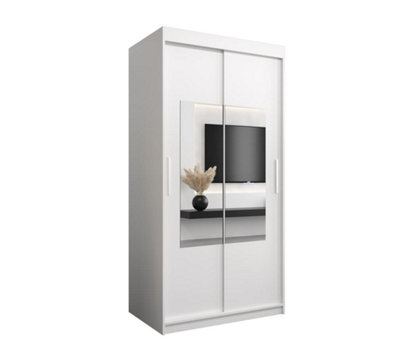 Elegant Torino Mirrored Sliding Door Wardrobe (H)2000mm  (W)1000mm (D)620mm with Ample Storage - White Matt