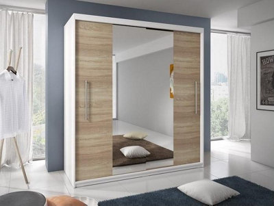 Elegant Torino Mirrored Sliding Door Wardrobe W2040mm H2180mm D580mm - Oak Sonoma and White Matt Finish