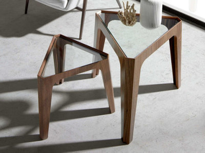 Elegant Triangular Corner Table in Tempered Glass and Walnut