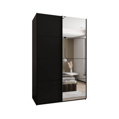 Elegant Trosa III Sliding Door Wardrobe H2450mm W1600mm D640mm Mirrored Door, Ten Shelves, Hanging Rail, Black Steel Handles