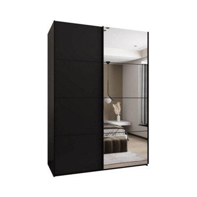 Elegant Trosa III Sliding Door Wardrobe H2450mm W1700mm D640mm Mirrored Door, Ten Shelves, Hanging Rail, Black Steel Handles