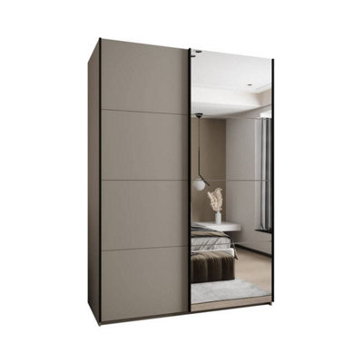 Elegant Trosa III Sliding Door Wardrobe H2450mm W1800mm D640mm Mirrored Door, Ten Shelves, Hanging Rail, Cashmere Finish