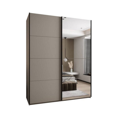 Elegant Trosa III Sliding Door Wardrobe H2450mm W1900mm D640mm Mirrored Door, Ten Shelves, Hanging Rail, Cashmere Finish