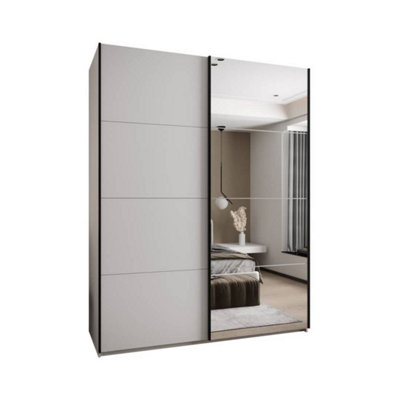 Elegant Trosa III Sliding Door Wardrobe H2450mm W1900mm D640mm Mirrored Door, Ten Shelves, Hanging Rail, White Finish