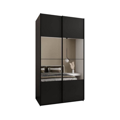 Elegant Trosa IV Black Sliding Door Wardrobe H2450mm W1300mm D640mm Mirrored Doors, Six Shelves, Hanging Rail, Steel Handles