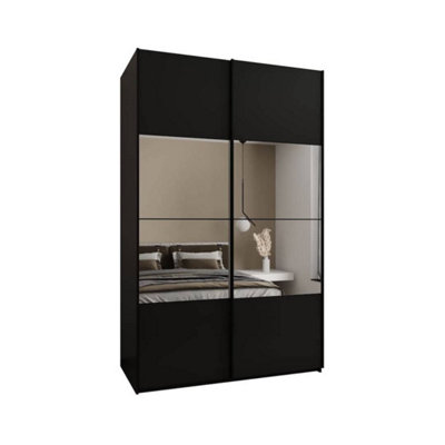 Elegant Trosa IV Black Sliding Door Wardrobe H2450mm W1600mm D640mm Mirrored Doors, Ten Shelves, Hanging Rail, Steel Handles