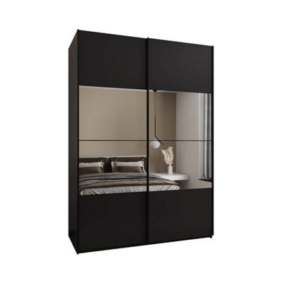 Elegant Trosa IV Black Sliding Door Wardrobe H2450mm W1700mm D640mm Mirrored Doors, Ten Shelves, Hanging Rail, Steel Handles