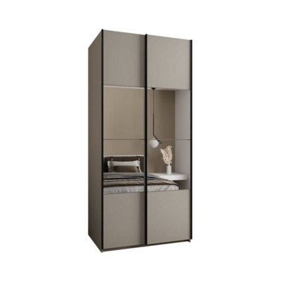 Elegant Trosa IV Sliding Door Wardrobe H2450mm W1100mm D640mm Mirrored Doors, Six Shelves, Hanging Rail, Cashmere Finish