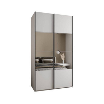 Elegant Trosa IV Sliding Door Wardrobe H2450mm W1400mm D640mm Mirrored Doors, Six Shelves, Hanging Rail, White Finish