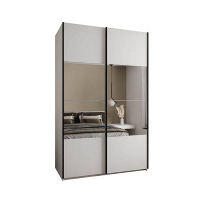 Elegant Trosa IV White Finish Sliding Door Wardrobe H2450mm W1600mm D640mm Mirrored Doors, Ten Shelves, Hanging Rail