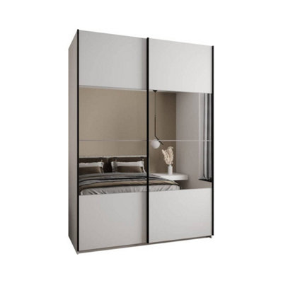 Elegant Trosa IV White Finish Sliding Door Wardrobe H2450mm W1700mm D640mm Mirrored Doors, Ten Shelves, Hanging Rail