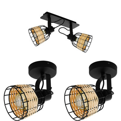 Elegant Twin Ceiling Spot Light Set with Black Wicker Shades and Matching Wall Lights