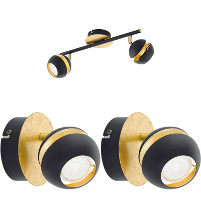 Elegant Twin Ceiling Spot Light with 2 Matching Black and Gold Wall Lights