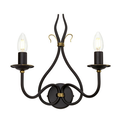 Elegant Twin Wall Light Sconce in Wrought Iron with Gold Accent and LED E14 Bulb