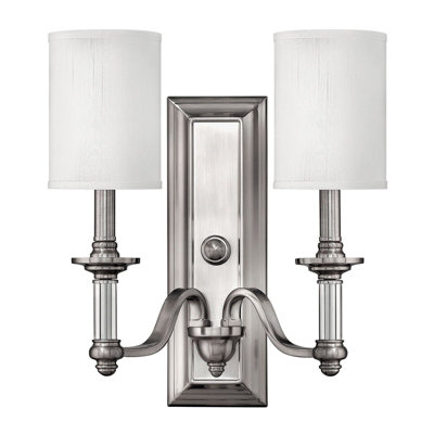 Elegant Twin Wall Light with Clear Glass and White Fabric Shade - LED Brushed Nickel Finish