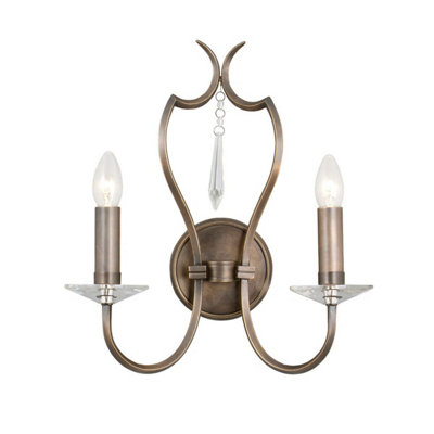 Elegant Twin Wall Light with Cut Glass Droplets in Dark Bronze Finish