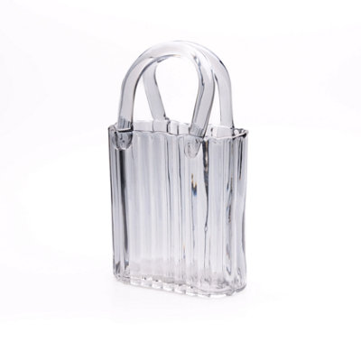 Elegant Vertically Ribbed Design Silver Grey Glass Flower Vase