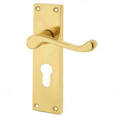 Elegant Victorian Scroll Door Handle with Euro Profile Lockplate in Polished Brass Finish - Interior Lever on Backplate