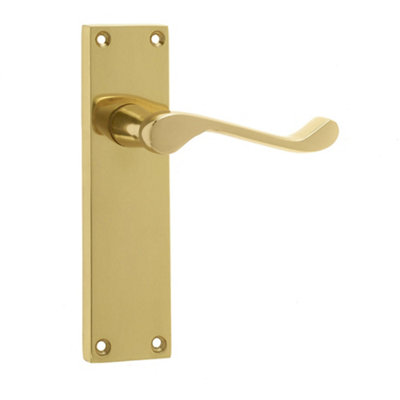 Elegant Victorian Scroll Door Handle with Long Polished Brass Latchset Plate - Interior Lever on Backplate