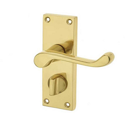 Elegant Victorian Scroll Door Handle with Privacy Plate in Polished Brass - Interior Lever on Backplate